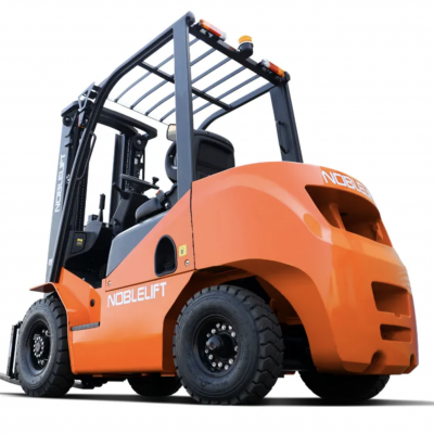 A photo of an orange Noblelift forklift on a white background